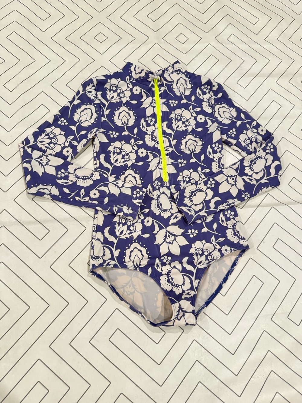 Boden Long-Sleeve Floral Zip Front Swimsuit - Blue/White